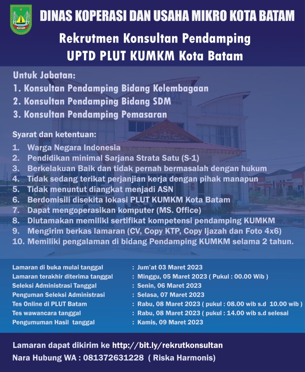 OPEN RECRUITMENT Konsultan Pendamping UPTD PLUT KUMKM Kota Batam